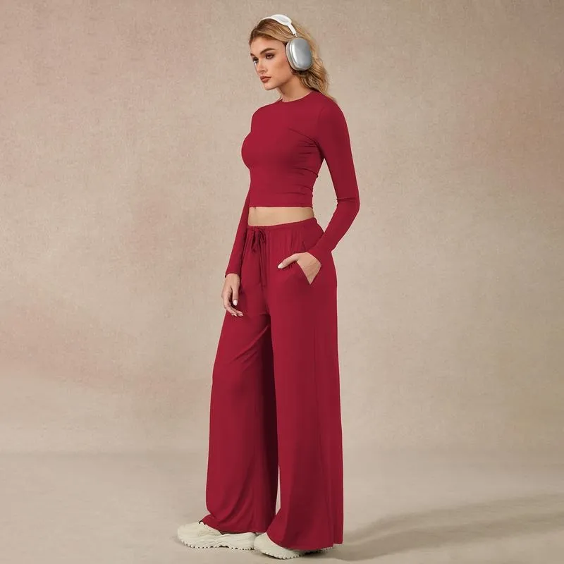 Women's two-piece tracksuit set, long-sleeved crop top and wide-leg pants