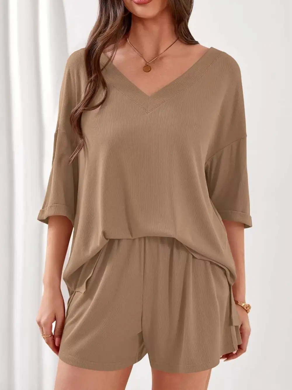 Casual Solid Color V Neck Top and Shorts Set