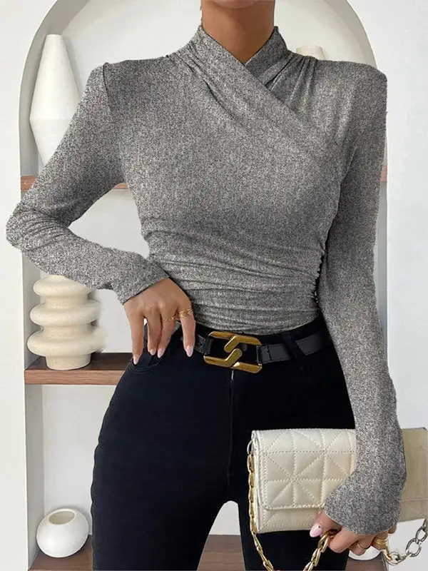 Long Sleeve Slim Fit Pleat Detail Mock Neck T-Shirt