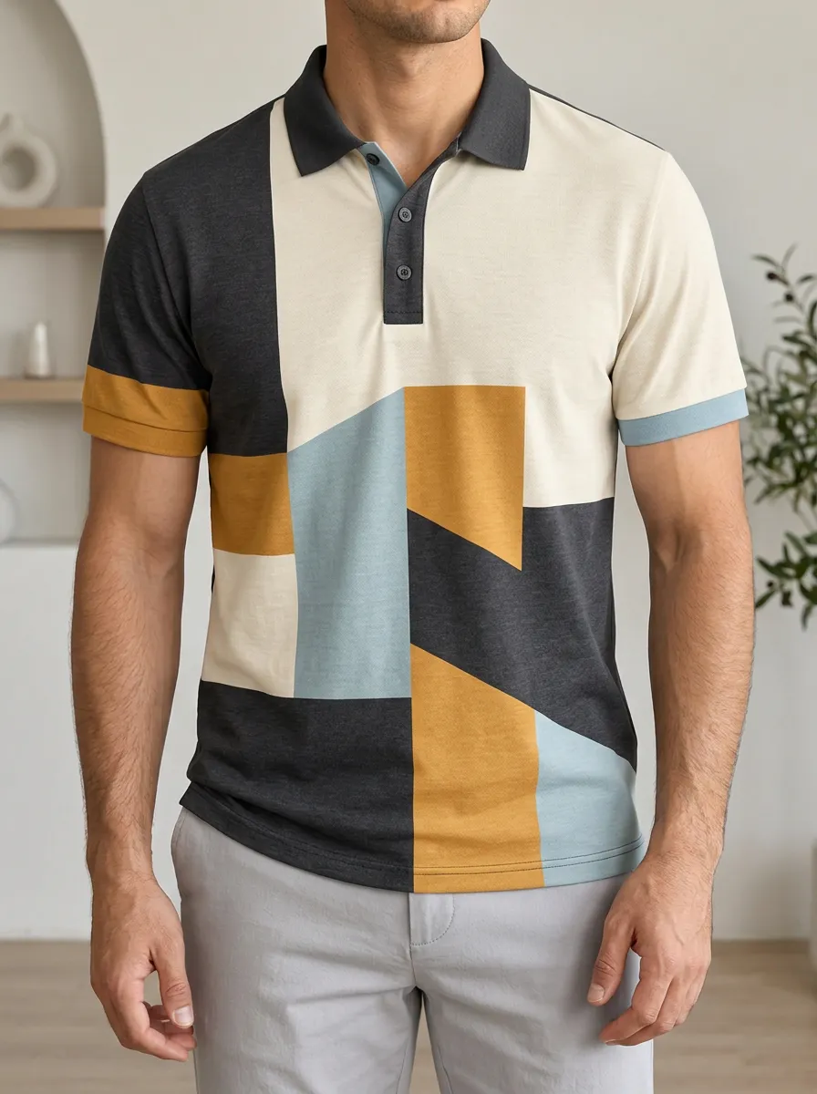 Men's Geometric Colorblock Pattern Printed Polo Shirt Contemporary Casual Style
