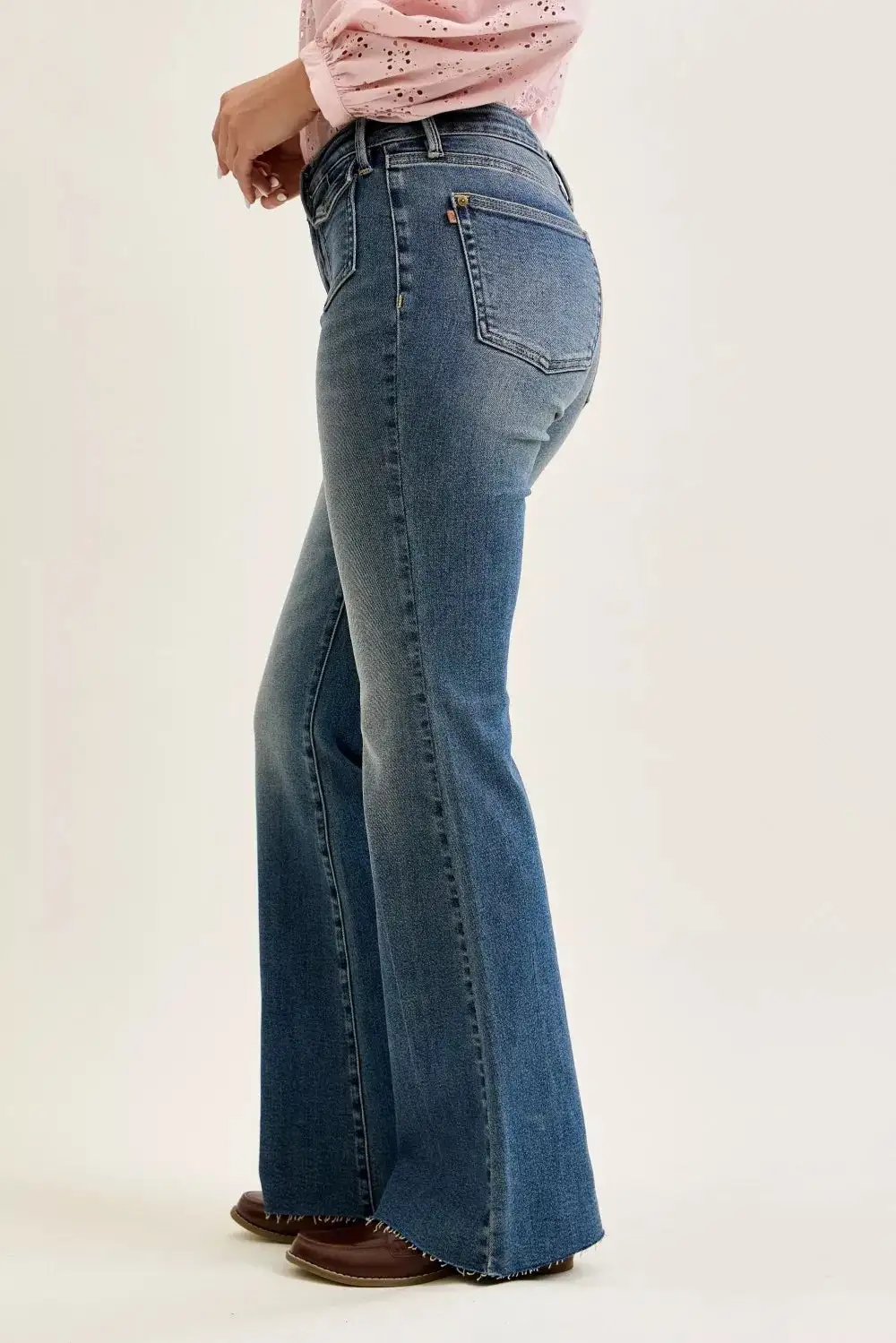 Mid Rise Raw Hem Flare Jeans