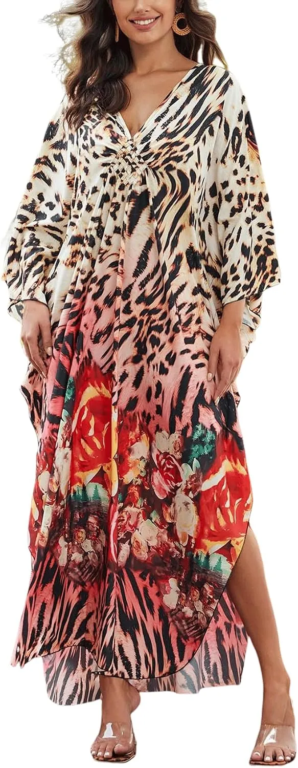 KECVOT Kaftan Dresses for Women Plus Size Batwing Sleeve Caftans Long Bathing Suit Cover Up Maxi Beach Dress Loungewear