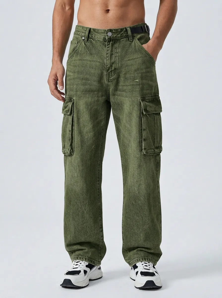 Men's Vintage Wash Denim Loose-Fit Cargo Jeans