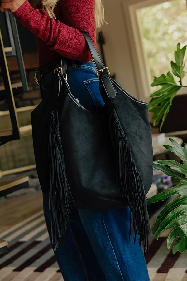 Faux Suede Fringe Faux Leather Tote Bag