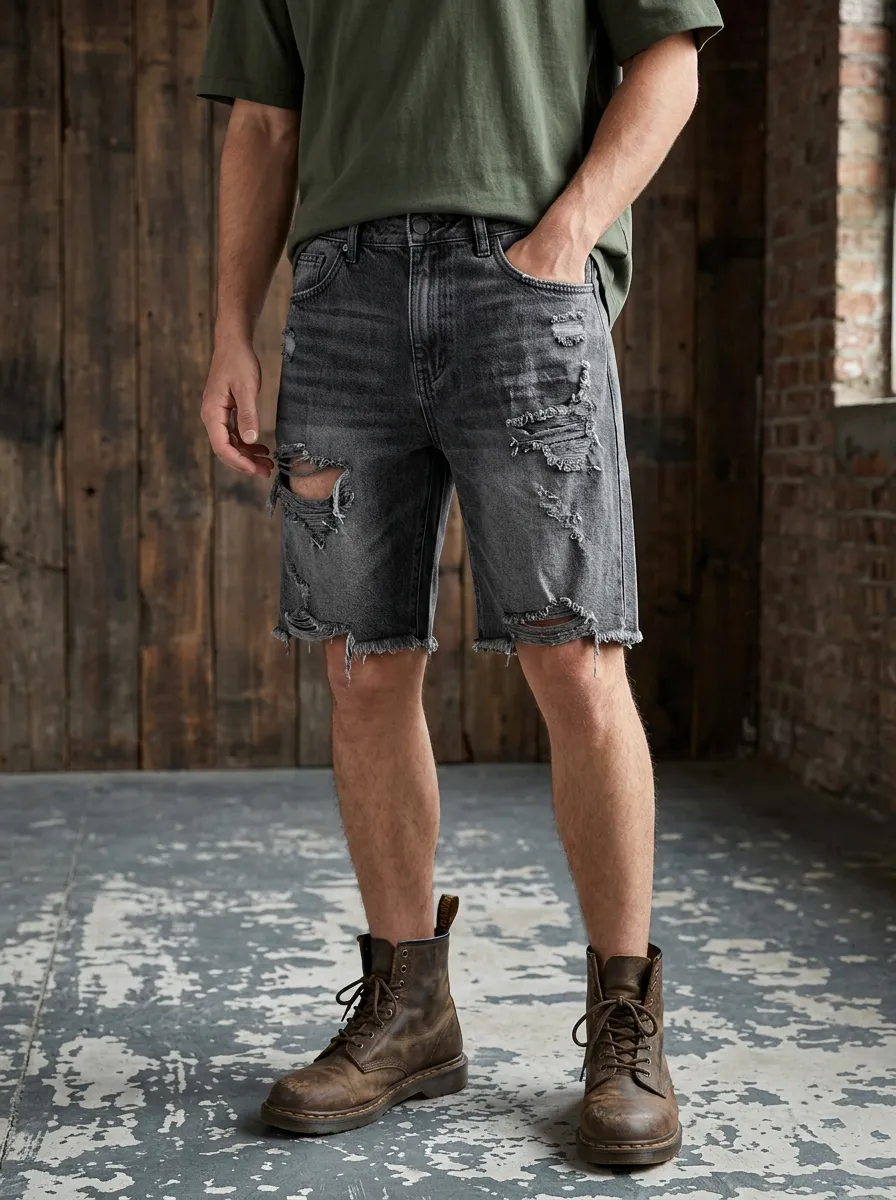 Men's Button Fly Ripped Denim Shorts
