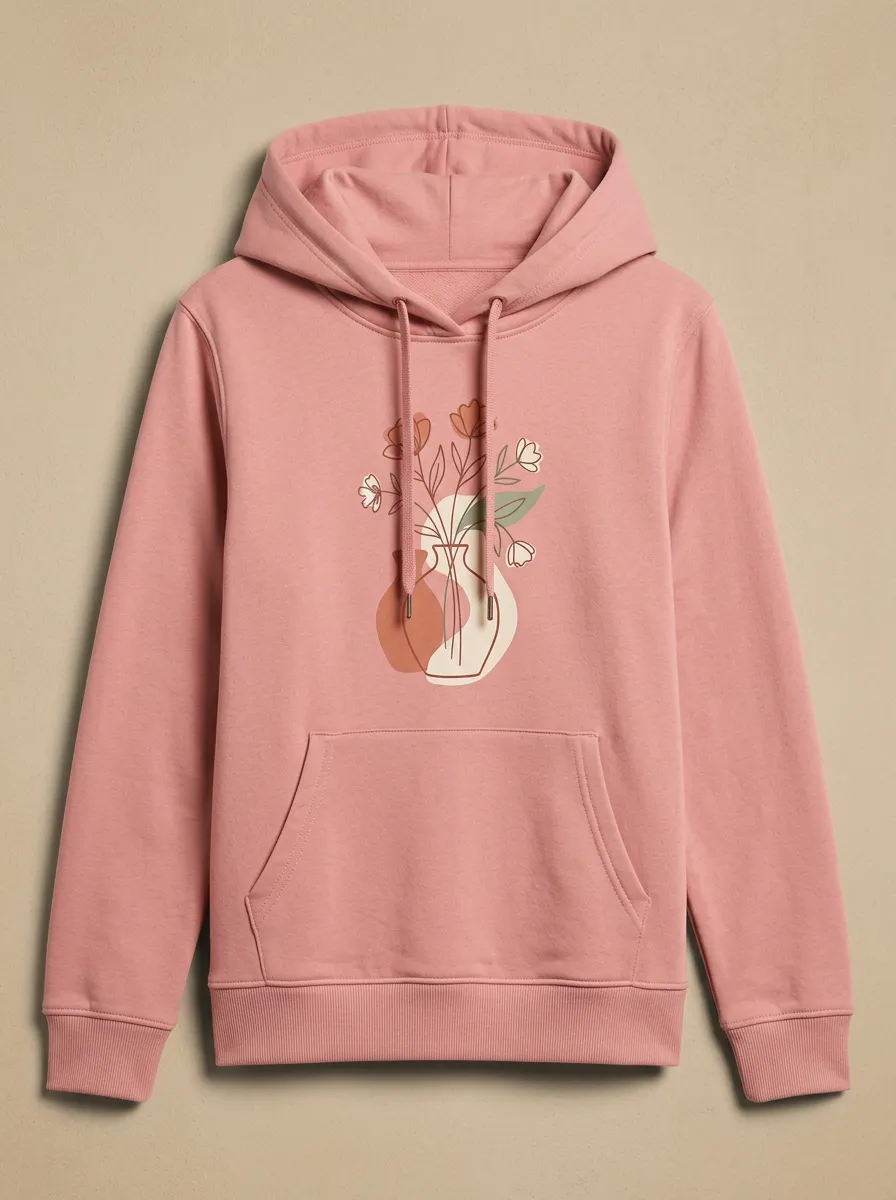 Women's Hooded Drawstring Graphic Floral Rib-Trim Long-Sleeve Hoodie