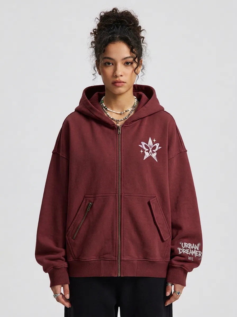 Unisex Streetwear Urban Dreamer Butterfly Star Printed Zip-up Hoodie