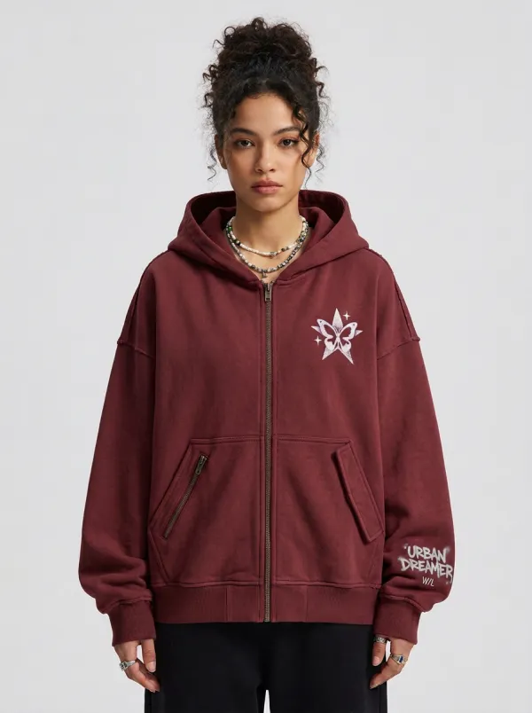Unisex Streetwear Urban Dreamer Butterfly Star Printed Zip-up Hoodie