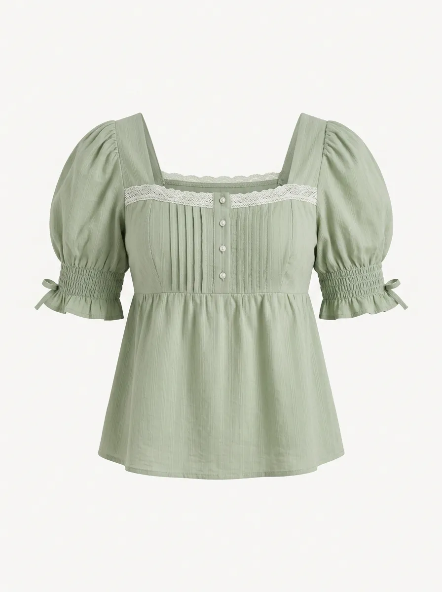 Women's Sage Green Lace Trim Puff Sleeve Pleated Blouse