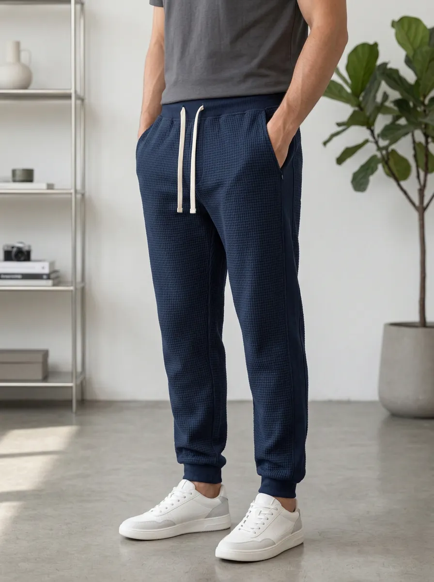 Men's Casual Daily Wear Navy Blue Waffle Knit Jogger Pants