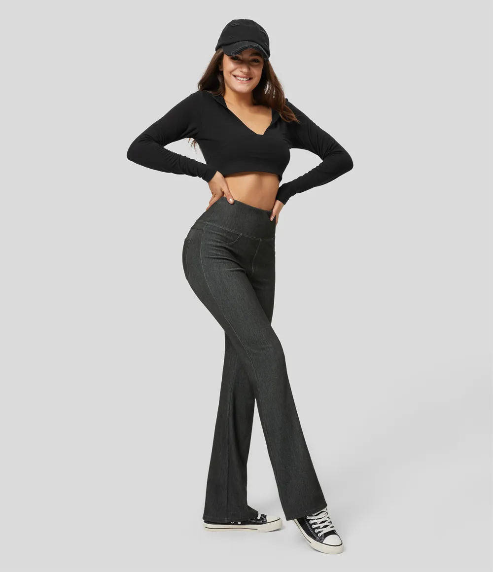Magic High Waisted Back Pocket Stretchy Knit Denim Casual Flare Leggings