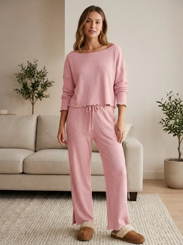 Women's Casual Loungewear Grey Waffle Knit Long Sleeve Lounge Set