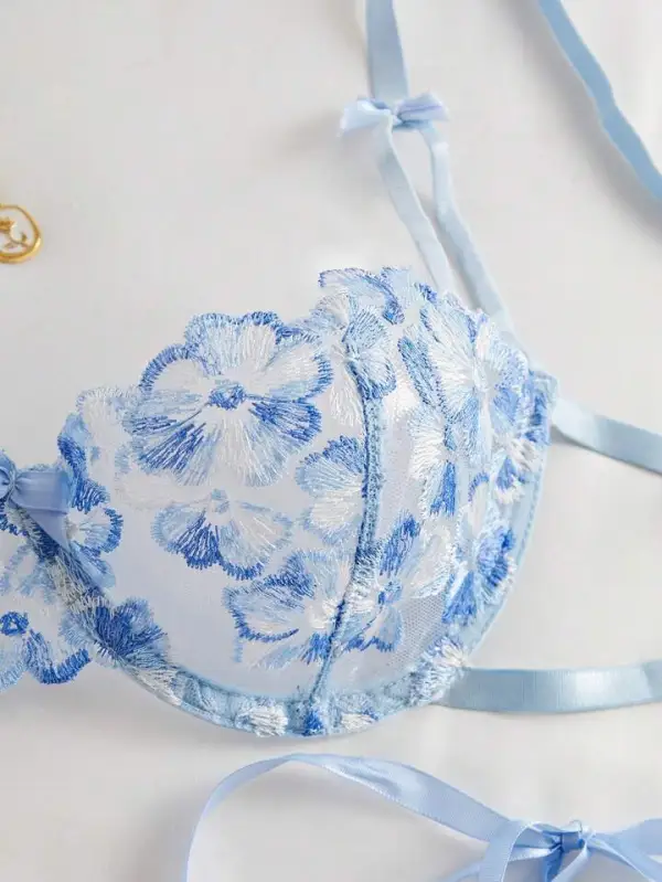 Floral Embroidered Sheer Lingerie Set