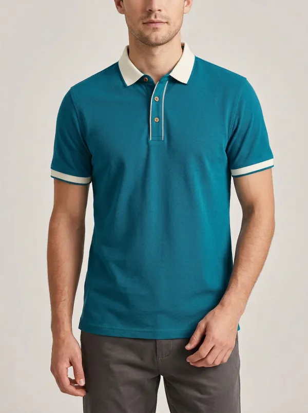 Men's Casual Blue Contrast Collar Short Sleeve Polo Shirt