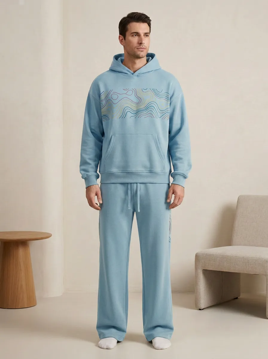 Men's Outdoor Hiking Lover Topographic Map Printed Hoodie Sweatsuit