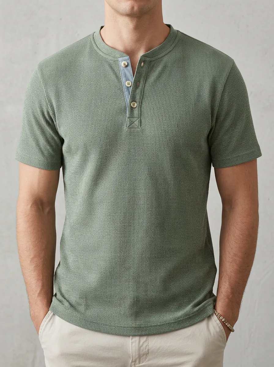 Streamlined Waffle-Knit Button-Placket Men's Short-Sleeve Henley Shirt