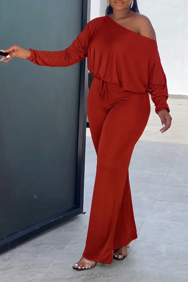 Drawstring Slash Neck Batwing Sleeve Jumpsuit