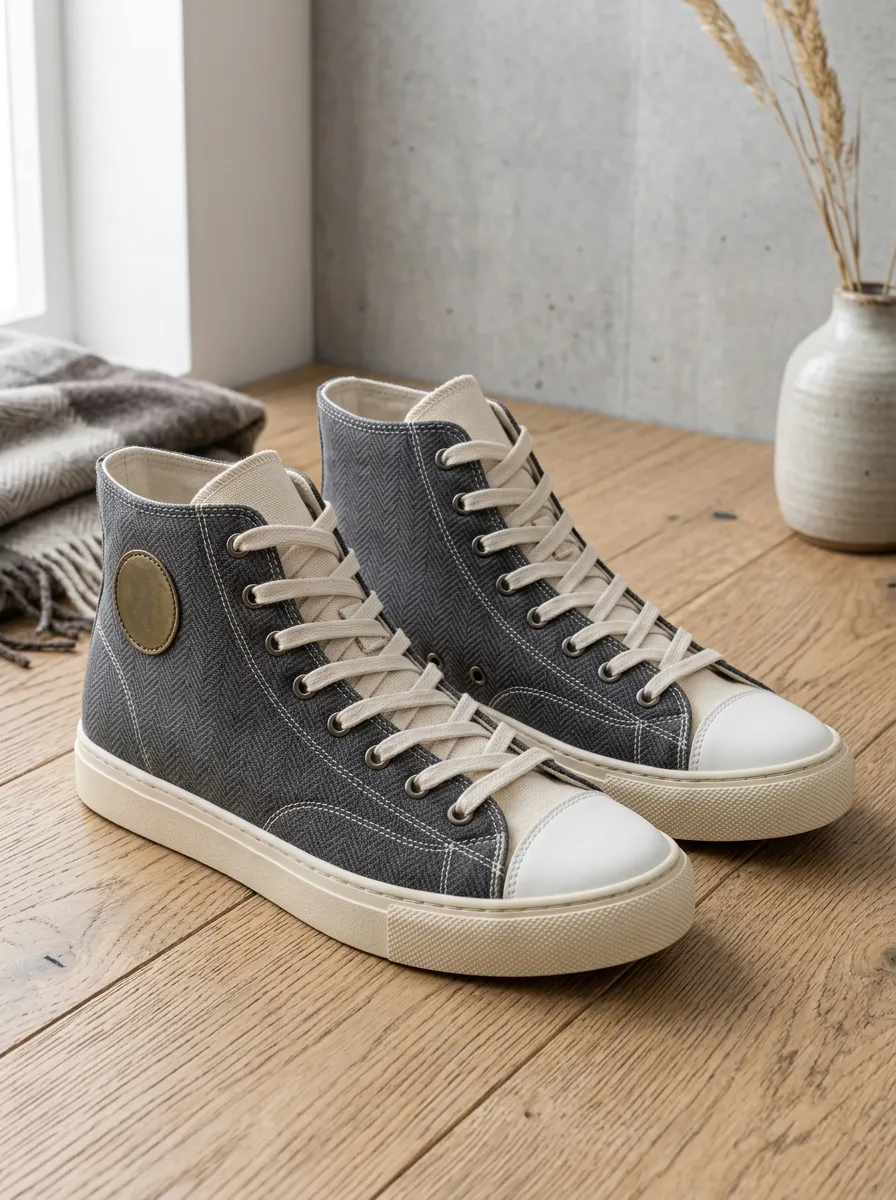 Men's Grey Herringbone Pattern Printed Canvas High Top Shoes
