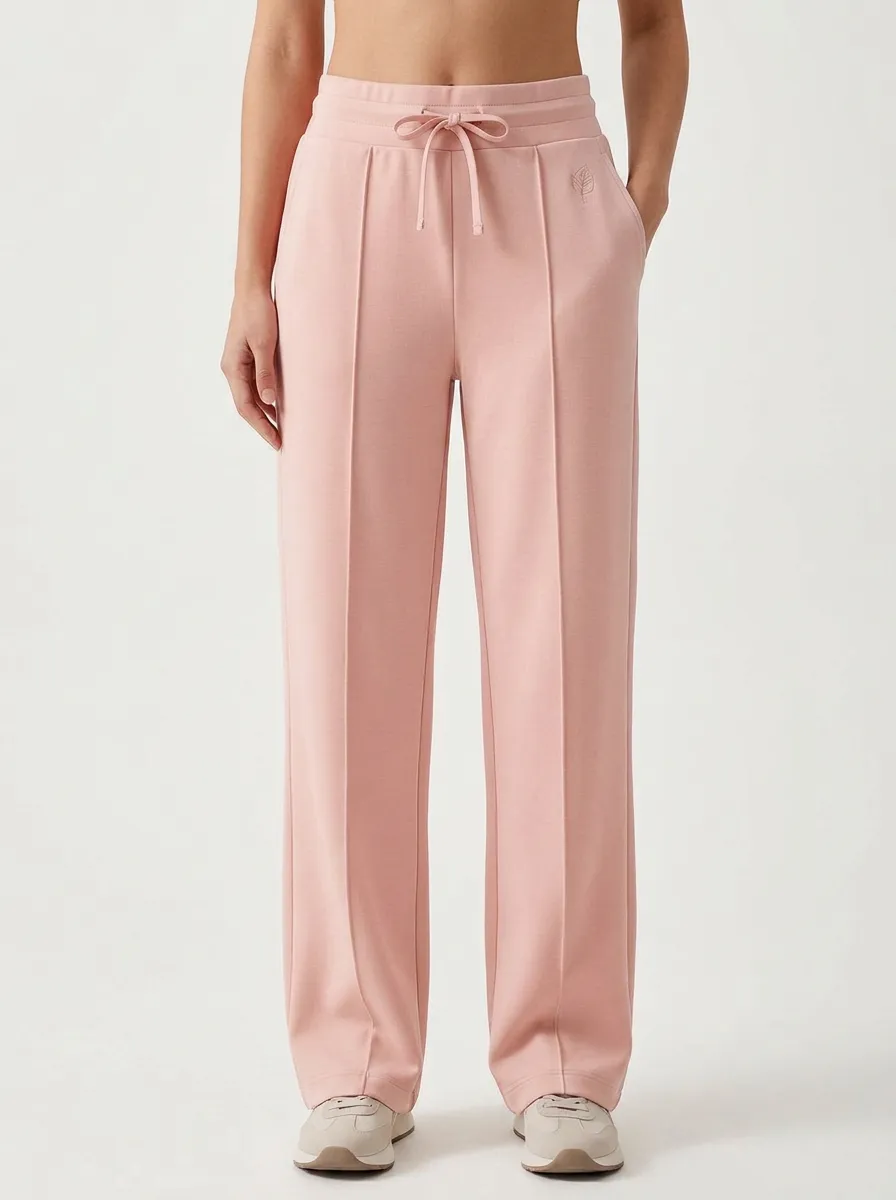 Women's Minimalist Solid Beige Embroidered Leaf Drawstring Sweatpants