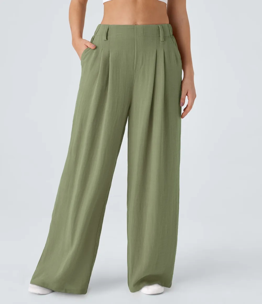 High Waisted Plicated Side Pocket Wide Leg Flowy Solid Palazzo Casual Linen-Feel Pants
