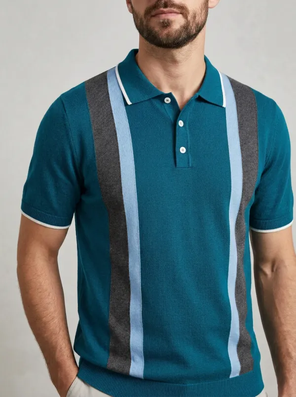 Men's Retro Vintage Style Navy Blue Striped Knitted Polo Shirt