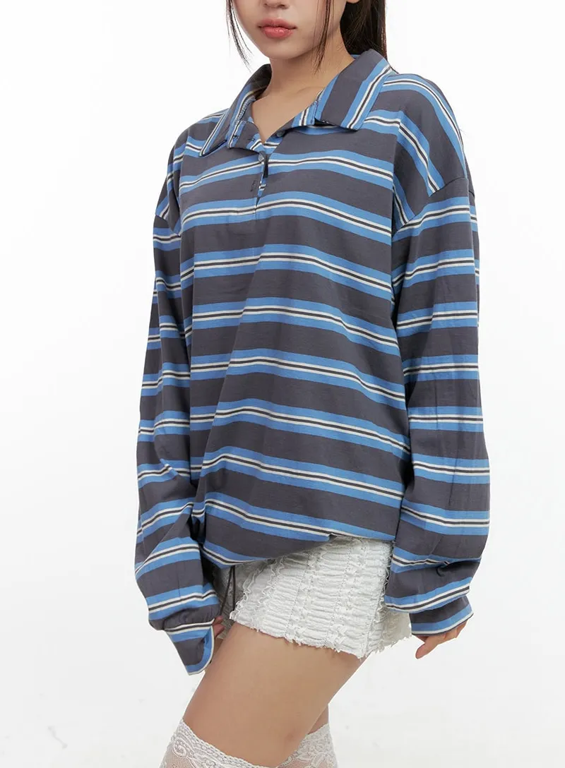 Stripe Buttoned Collar T-Shirt