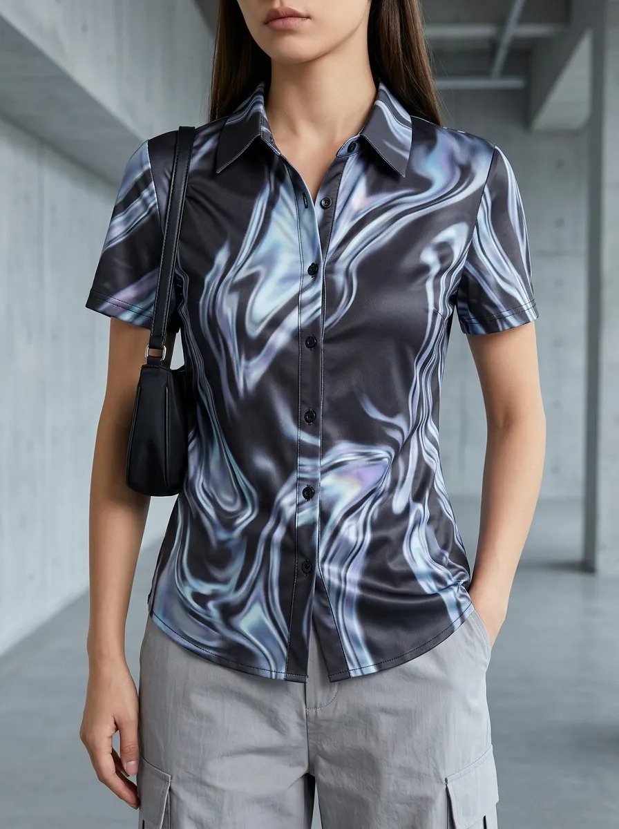 Women's Dynamic Y2K Aesthetic Abstract Swirl Shirt