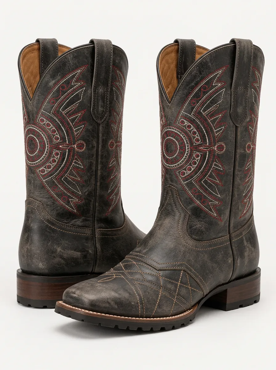 Men's Red Embroidered Detail Cowboy Boots
