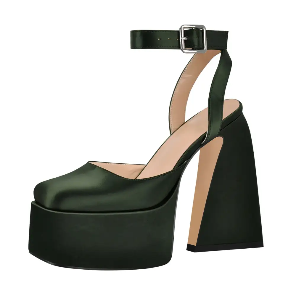 Square Toe Platform Chunky Heel Ankle Strap Pumps