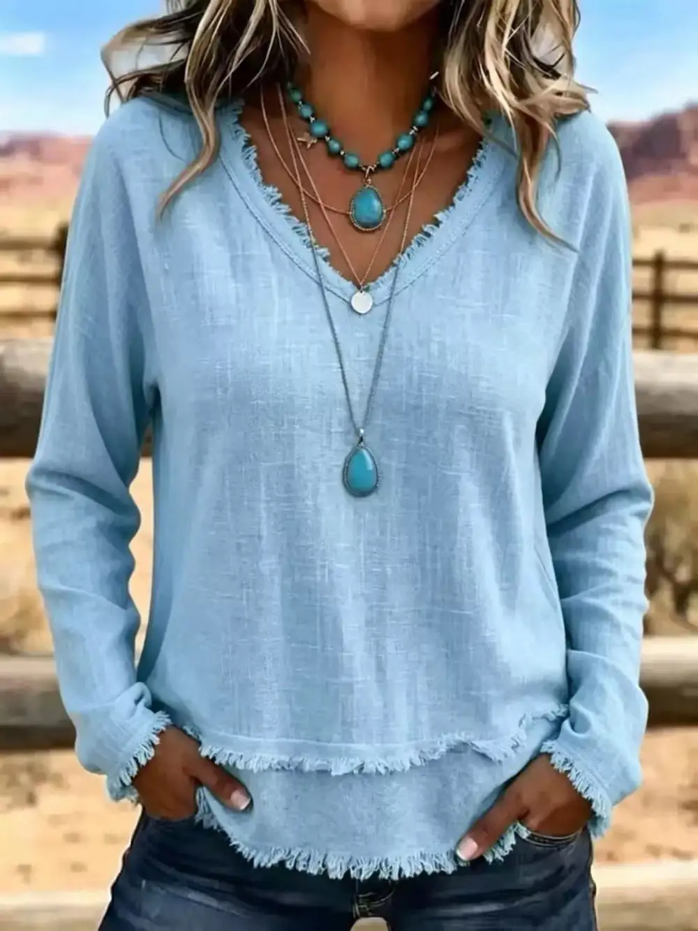 Long Sleeve V-Neck Frayed Hem Blouse