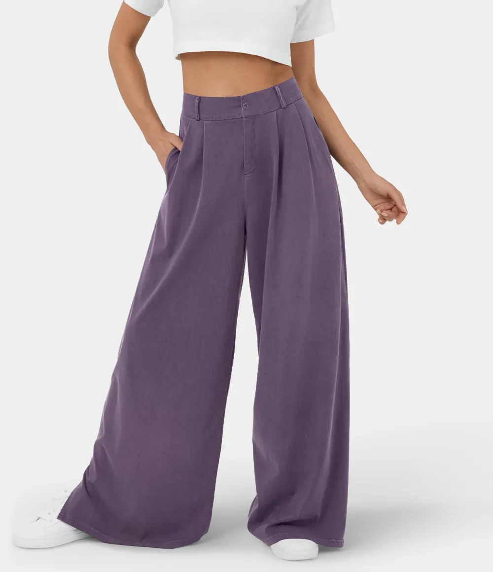 High Waisted Button Zipper Plicated Side Pocket Split Hem Wide Leg Casual Pants
