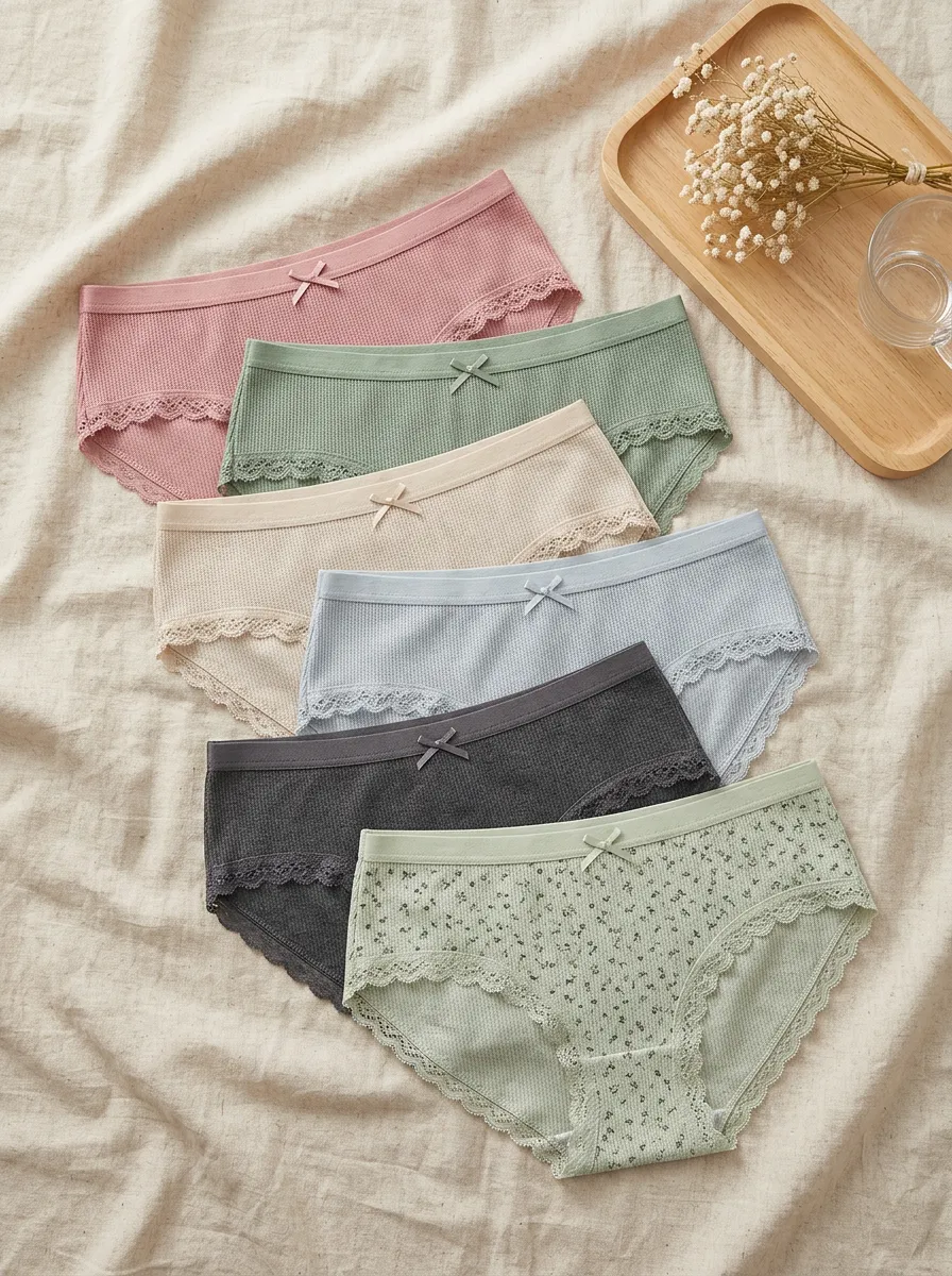 Women's Waffle Knit Lace Trim Bowknot Printed 6-Pack Panties