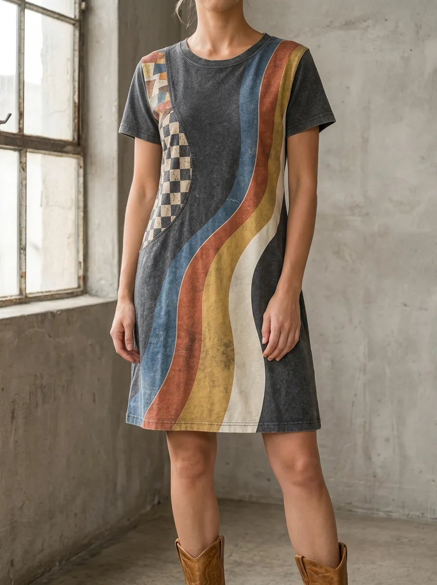 Women's Retro Vintage Checkered Rainbow Printed Dress