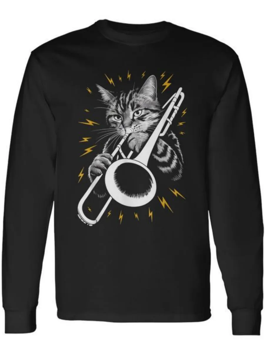 Musician Cat Printed Long Sleeve T-Shirt