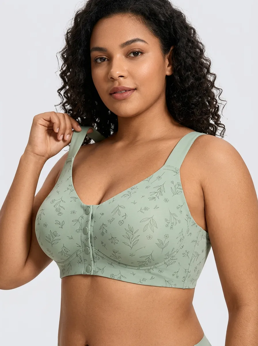 Women's Plus Size Sage Green Botanical Floral Front-Closure Full-Coverage Wireless Bralette
