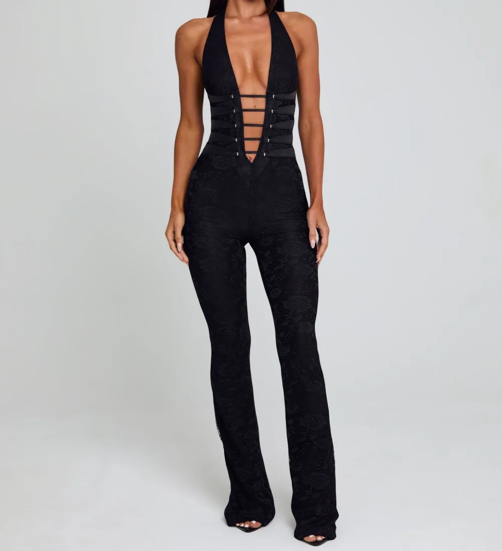 Black Lace Mesh Halter Jumpsuit