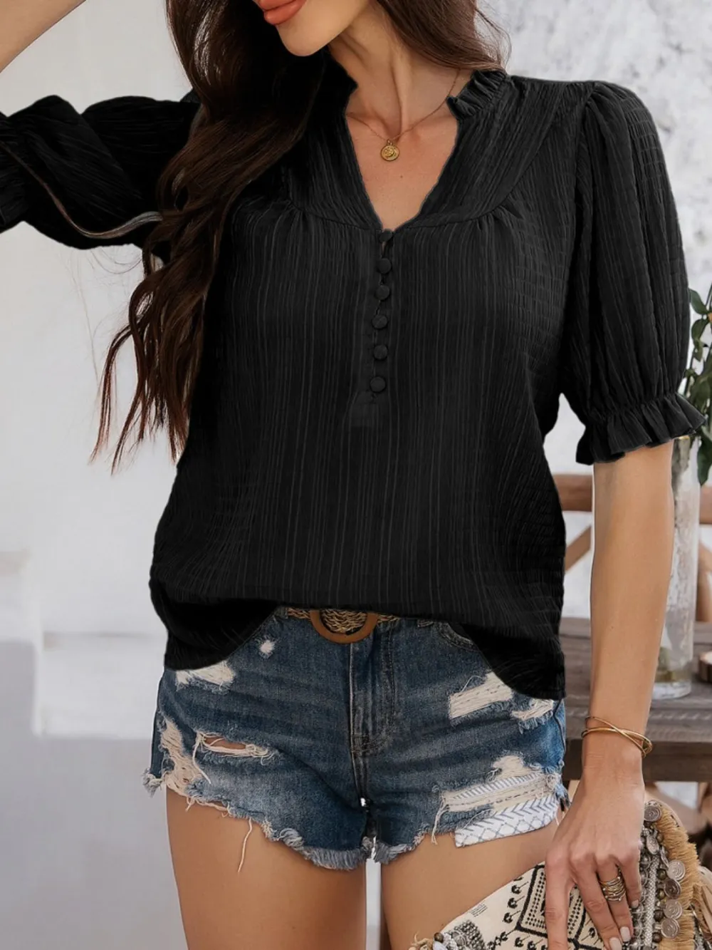 Notched-Neck Short-Sleeve Sheer Buttoned Blouse