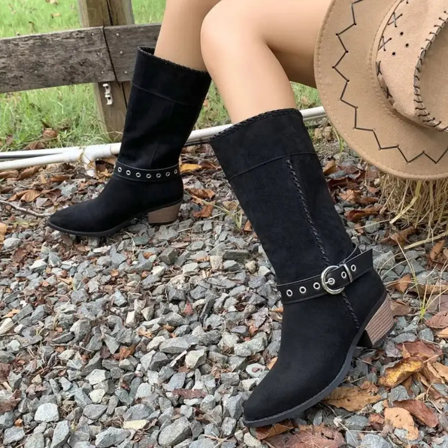 Simple Point Toe Block Heels Boots