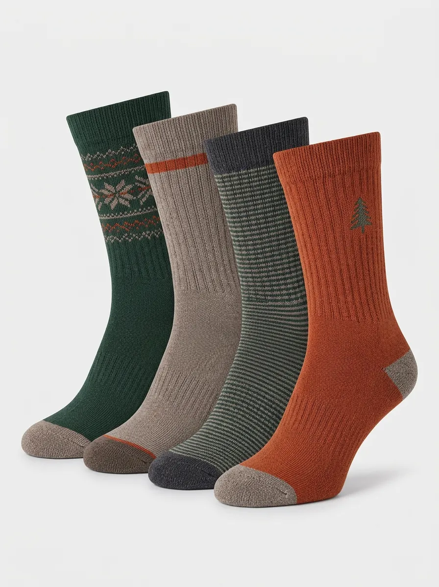 Pine Tree Motif Striped Tree Motif Textured Men's Crew Socks Four-Pair Pack