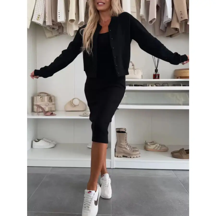 Slit Square Neck Dress and Outerwear Set