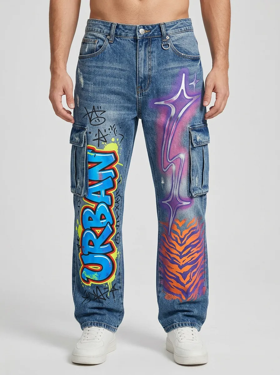 Men's Streetwear Urban Graffiti Tiger Print Graphic Cargo Jeans