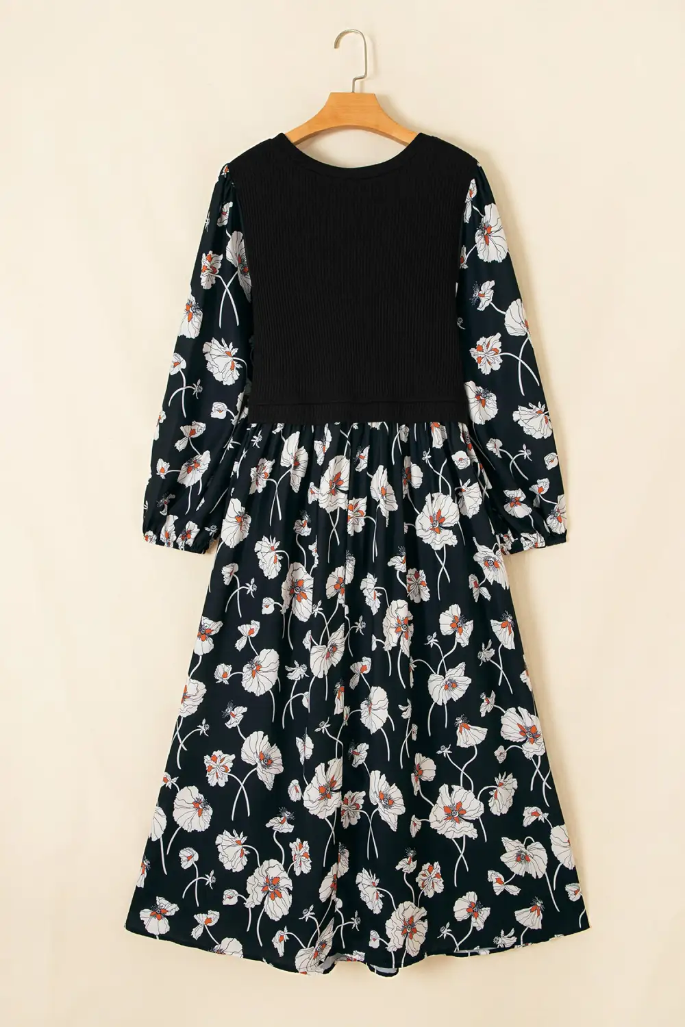 Women's Floral Print Round Neck Long Sleeve Shift Midi Dress