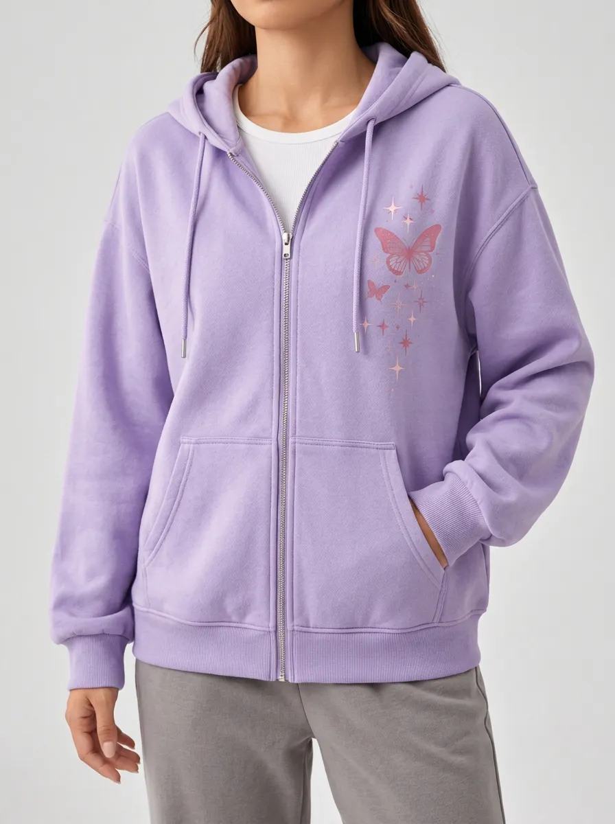 Women's Dreamy Butterfly and Stars Zip Front Hoodie