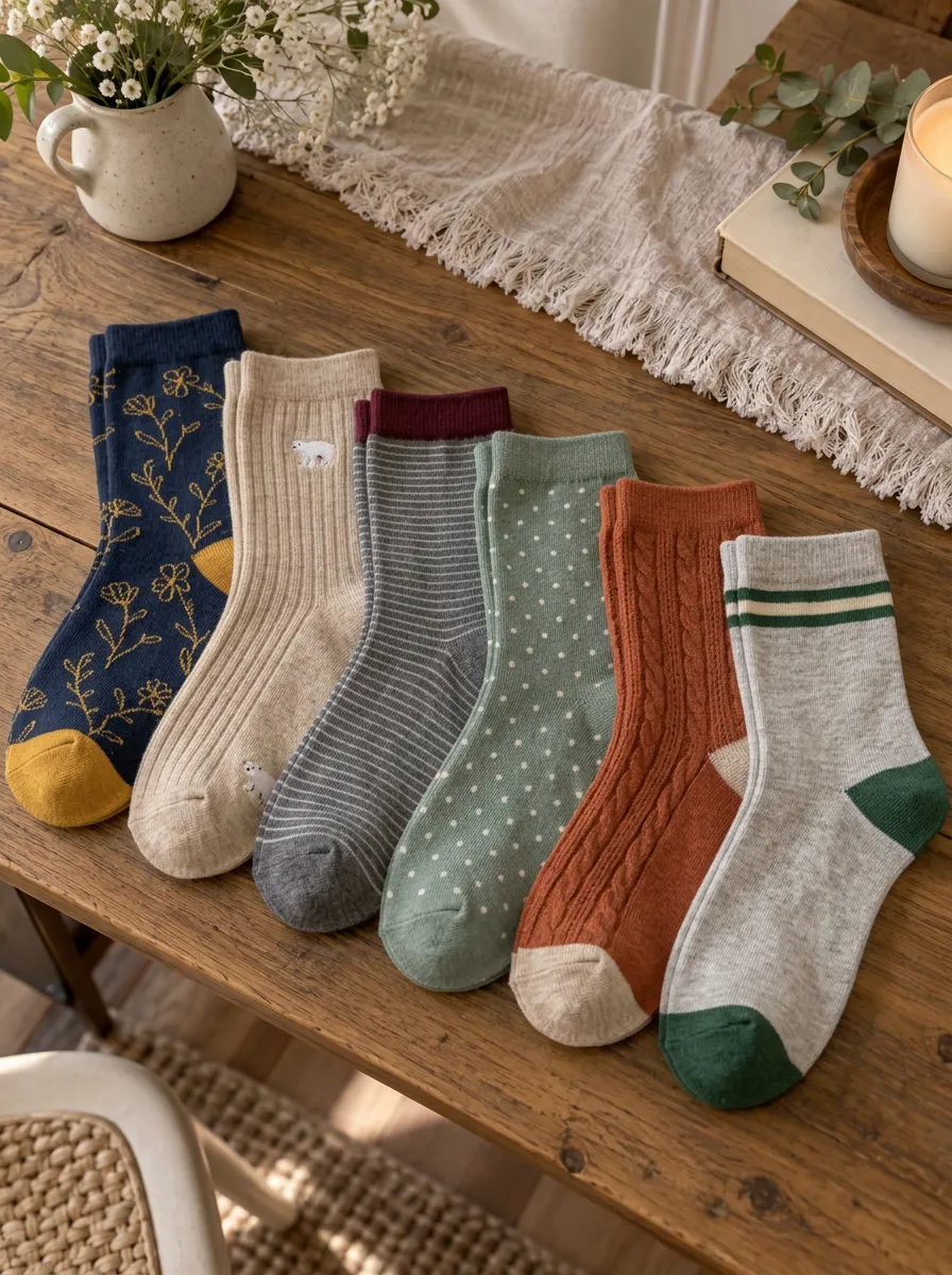 Women's Winter Cozy Polar Bear Floral Striped Polka Dot Printed Socks Set
