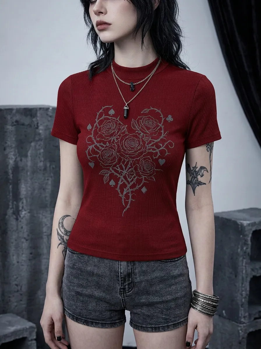 Underground Rose Playing Card Darkwear Style Women's Gothic T-Shirt