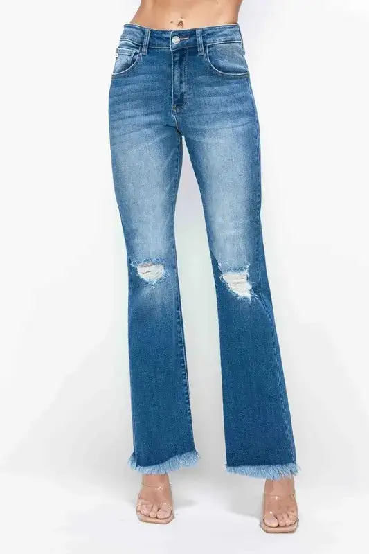 Full Size Raw Hem Distressed High Rise Bootcut Jeans