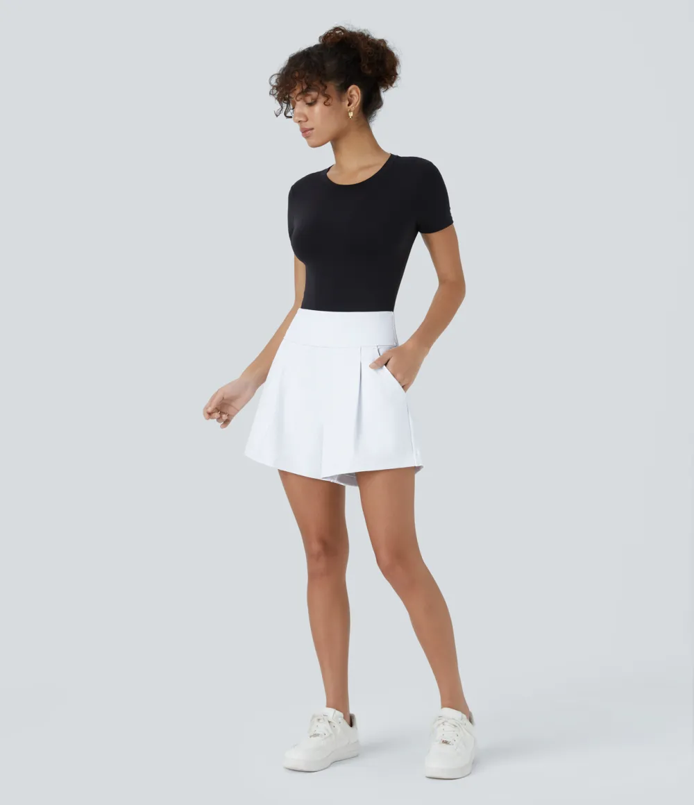 High Waisted Plicated Side Pocket Wide Leg Work Shorts