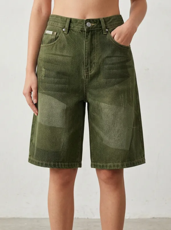 Camouflage Patchwork Distressed Graphic Denim Shorts