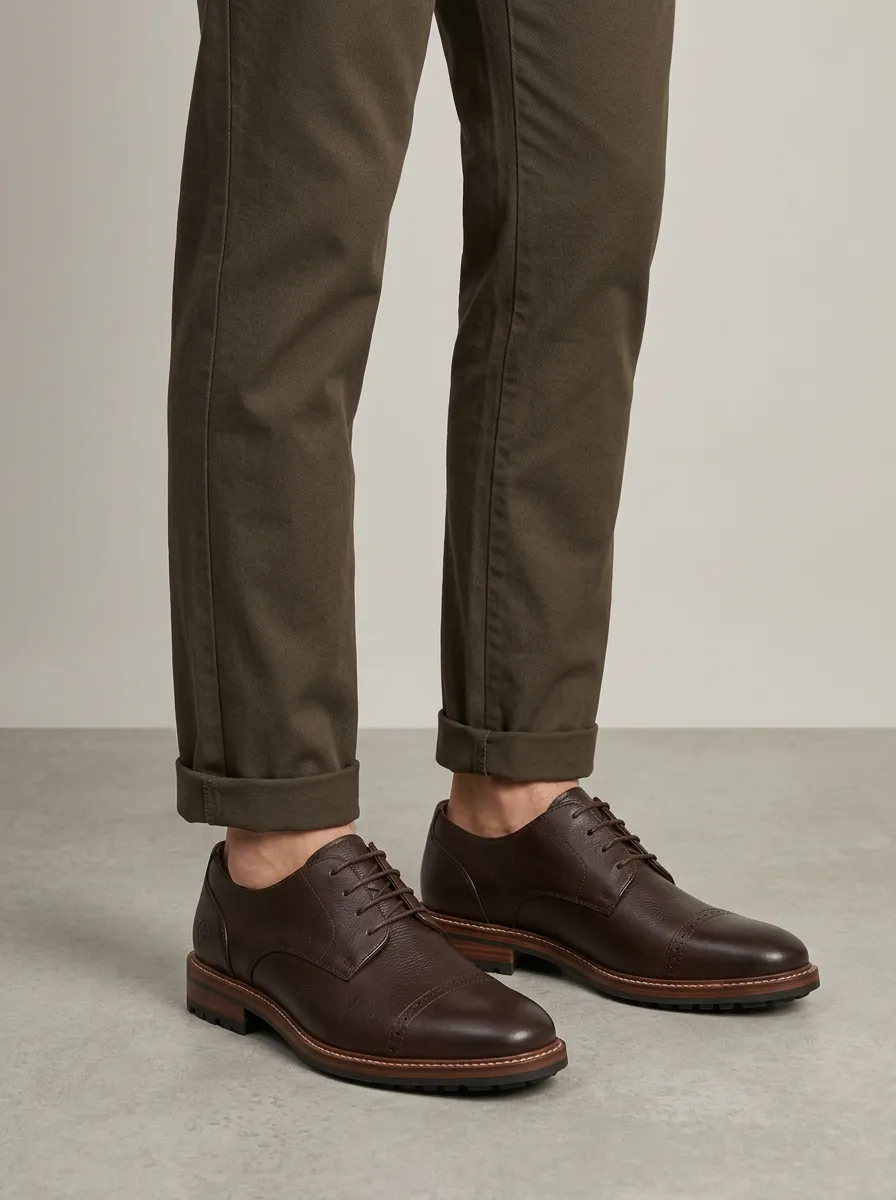 Men's Business Casual Brown Leather Cap Toe Oxford Shoes