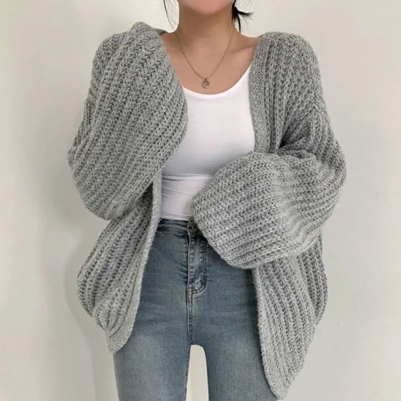 Oversized Chunky Knit Cardigan Balloon Sleeve Open Front Jumper